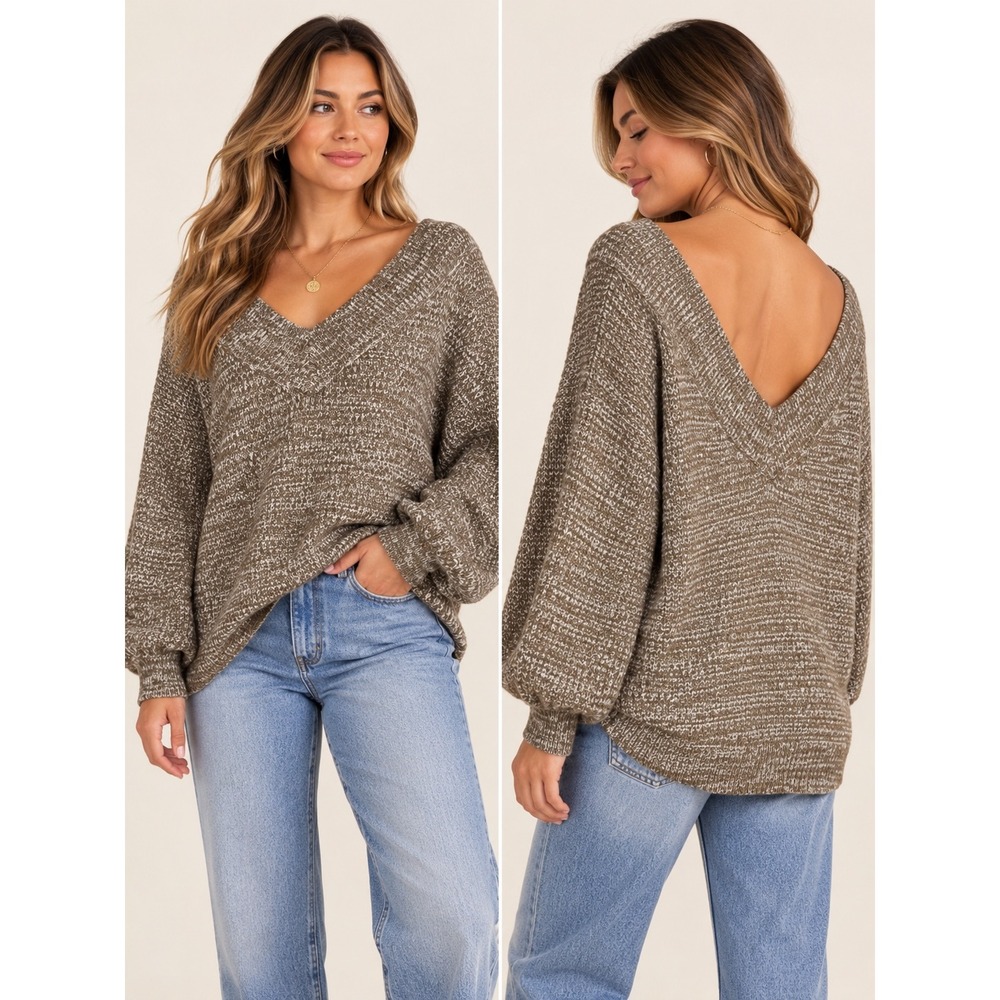 Zenana Taupe Marled Knit Oversized V Neck Sweater Balloon Sleeve Deep V Back L